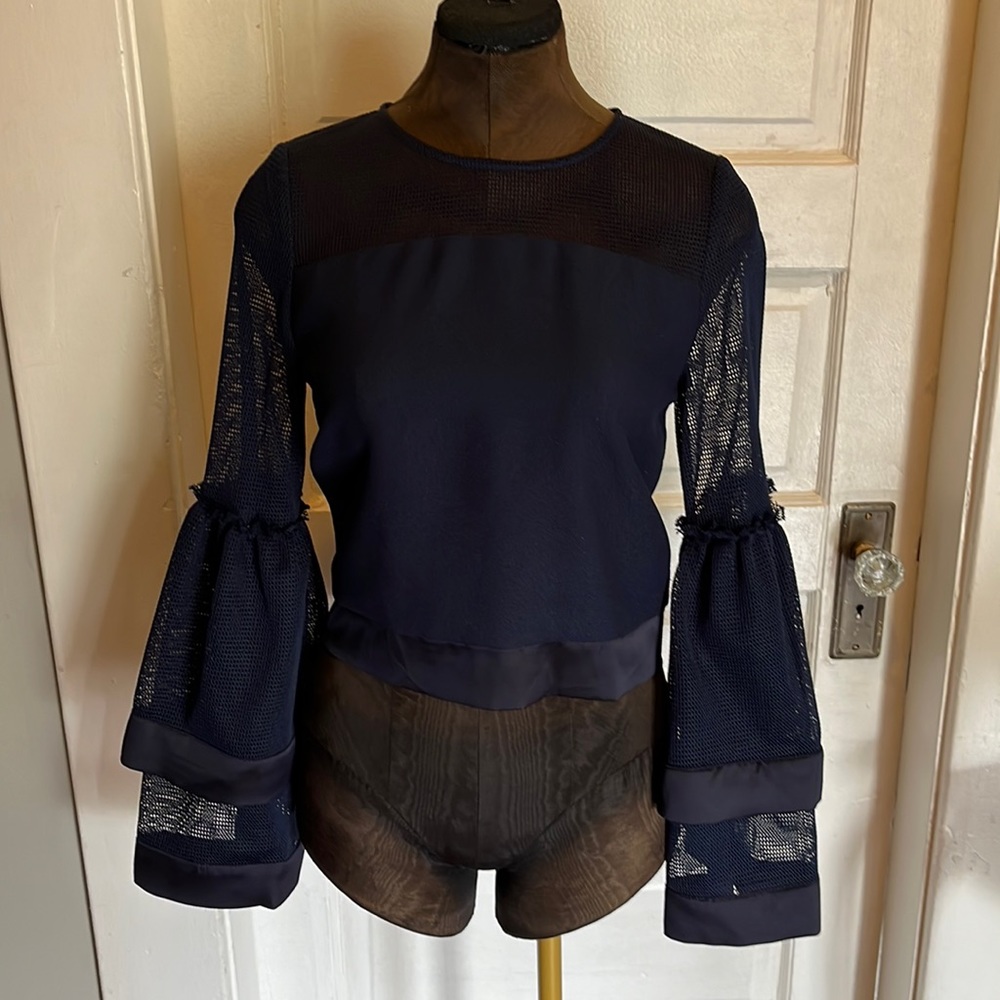 Blue long sleeve blouse with zip up back